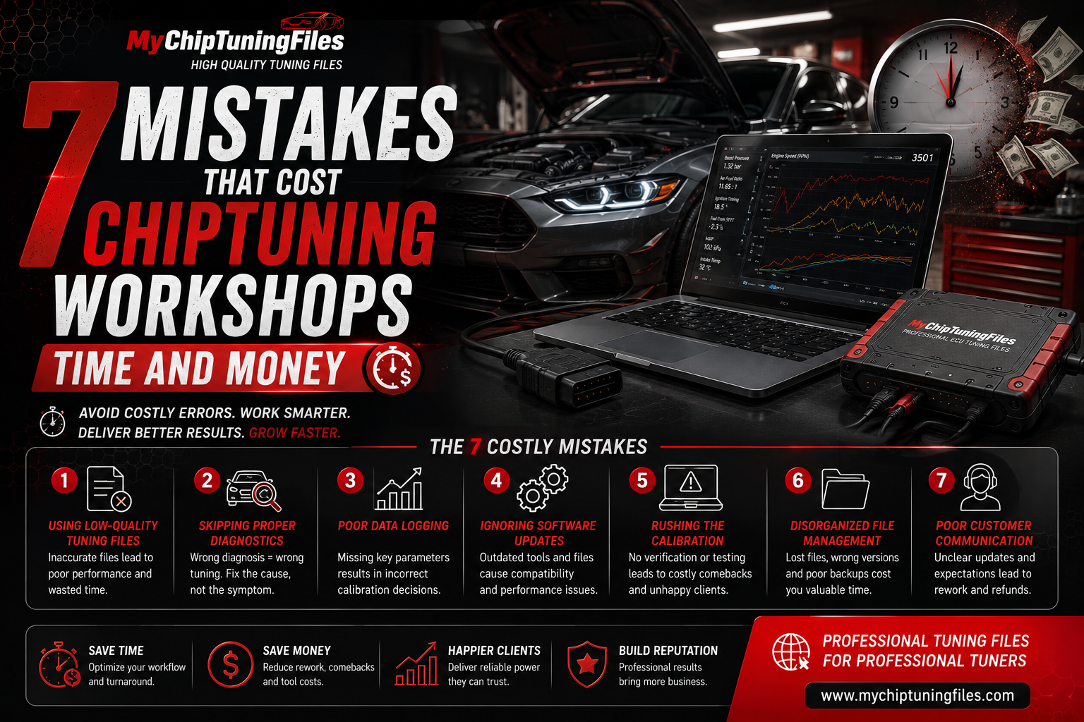 Technician using ECU tuning software beside a performance vehicle while highlighting seven common mistakes that reduce productivity and profitability in chiptuning workshops.
