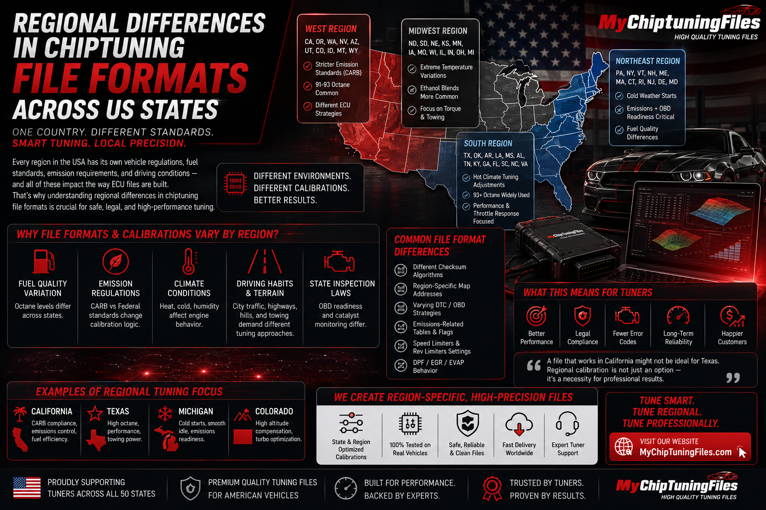 Illustration showing regional differences in U.S. chiptuning file formats with ECU programming tools, state map, and vehicle performance calibration.