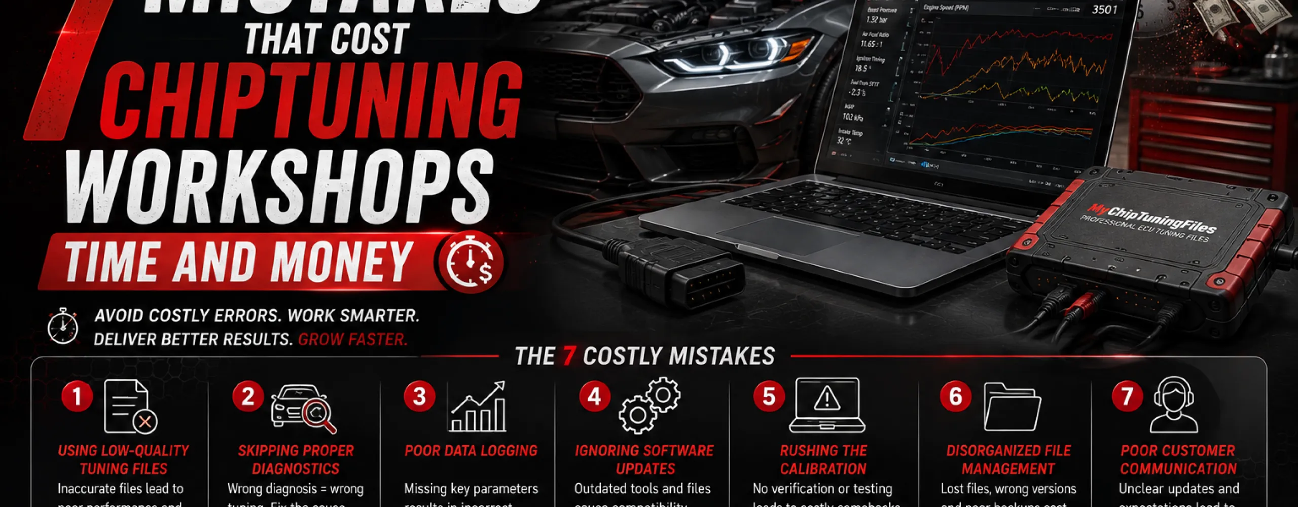 Technician using ECU tuning software beside a performance vehicle while highlighting seven common mistakes that reduce productivity and profitability in chiptuning workshops.