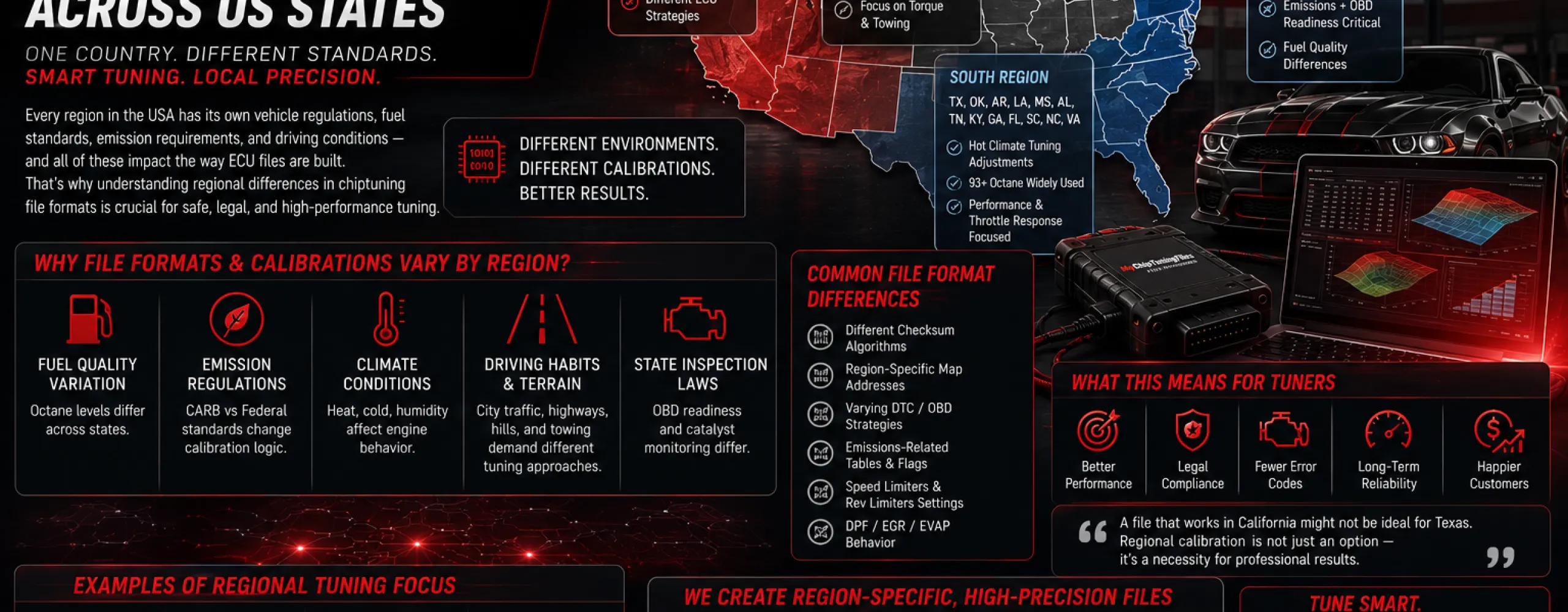 Illustration showing regional differences in U.S. chiptuning file formats with ECU programming tools, state map, and vehicle performance calibration.